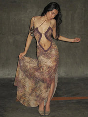 Printed Navel-Baring Side Split Lady Strap Casual Dress