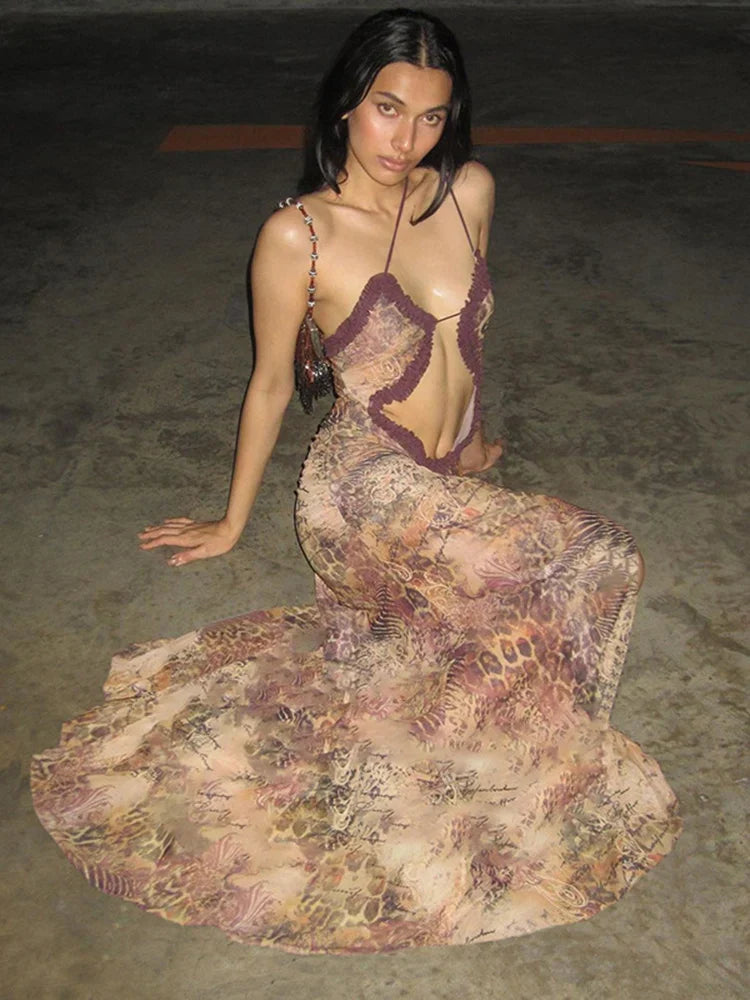 Printed Navel-Baring Side Split Lady Strap Casual Dress