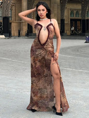 Printed Navel-Baring Side Split Lady Strap Casual Dress