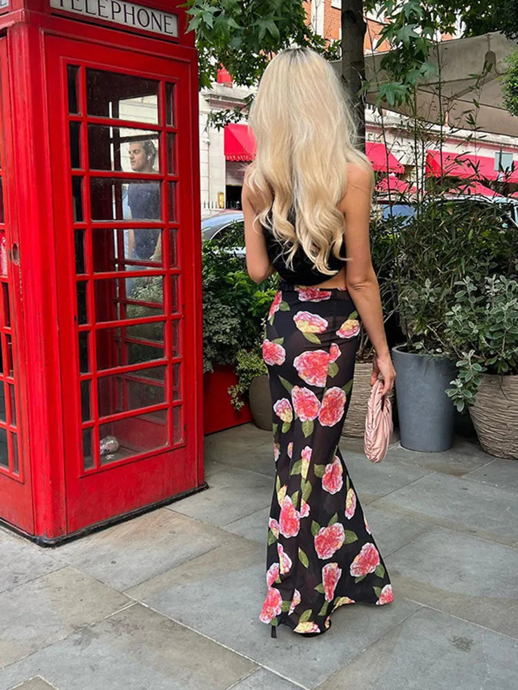 Printed Contrast Mesh Patchwork Maxi Skirt