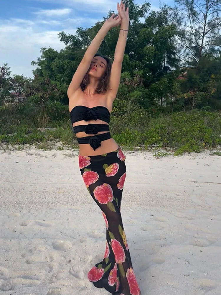 Printed Contrast Mesh Patchwork Maxi Skirt