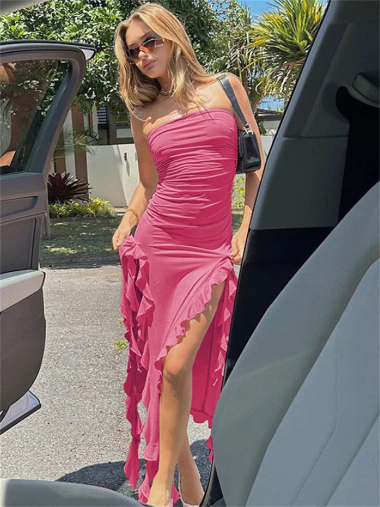 Split Hollow Out Solid Off-Shoulder Evening For Slim Midi Casual Dress