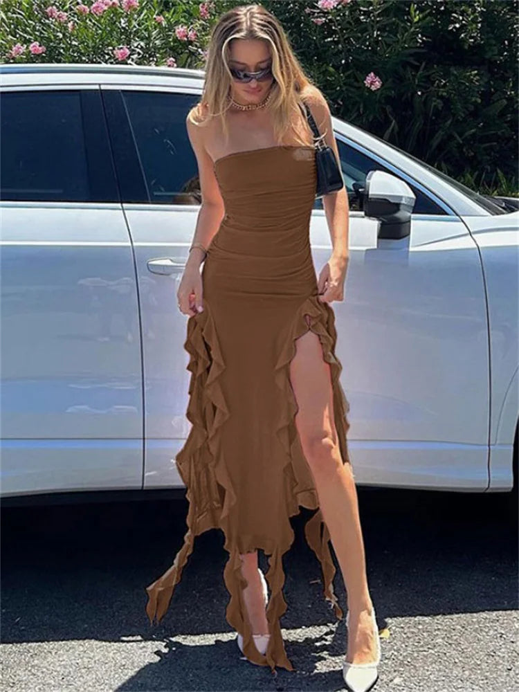 Split Hollow Out Solid Off-Shoulder Evening For Slim Midi Casual Dress