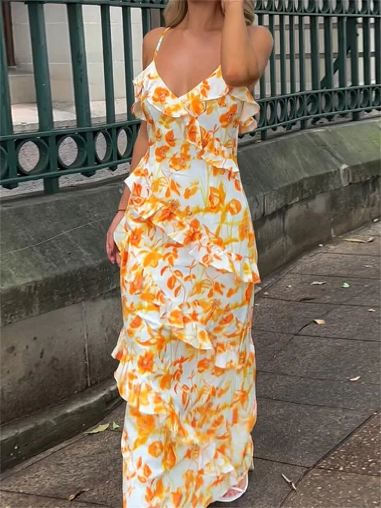 V-Neck Backless Spaghetti High Waist Party Dress Summer Long Casual Dress