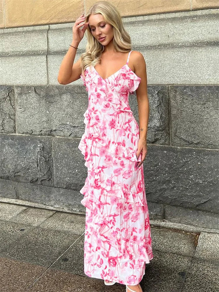 V-Neck Backless Spaghetti High Waist Party Dress Summer Long Casual Dress