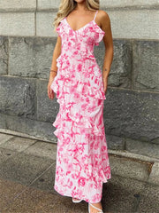 V-Neck Backless Spaghetti High Waist Party Dress Summer Long Casual Dress