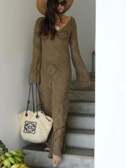 Sleeve Backless Hollow Out Holiday Beach Outfits V-Neck Pullover Casual Dress