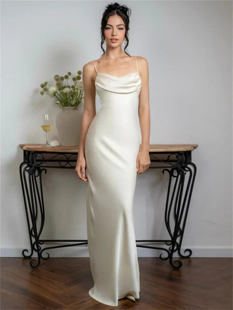 Spaghetti Long Dress Backless Pleated Solid High Waist Elegant Party Halter Fashion New Casual Dress