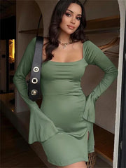 Square Collar Female Patchwork Split Long Sleeve Clothes Solid High Waist Casual Dress