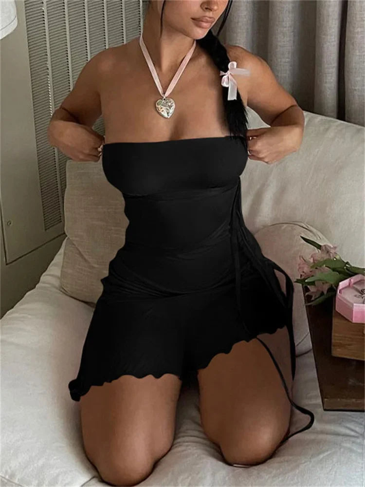 Backless Bodycon Party Pink Ruffle Pleated Short Drawstring Casual Dress