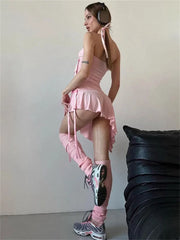 Backless Bodycon Party Pink Ruffle Pleated Short Drawstring Casual Dress