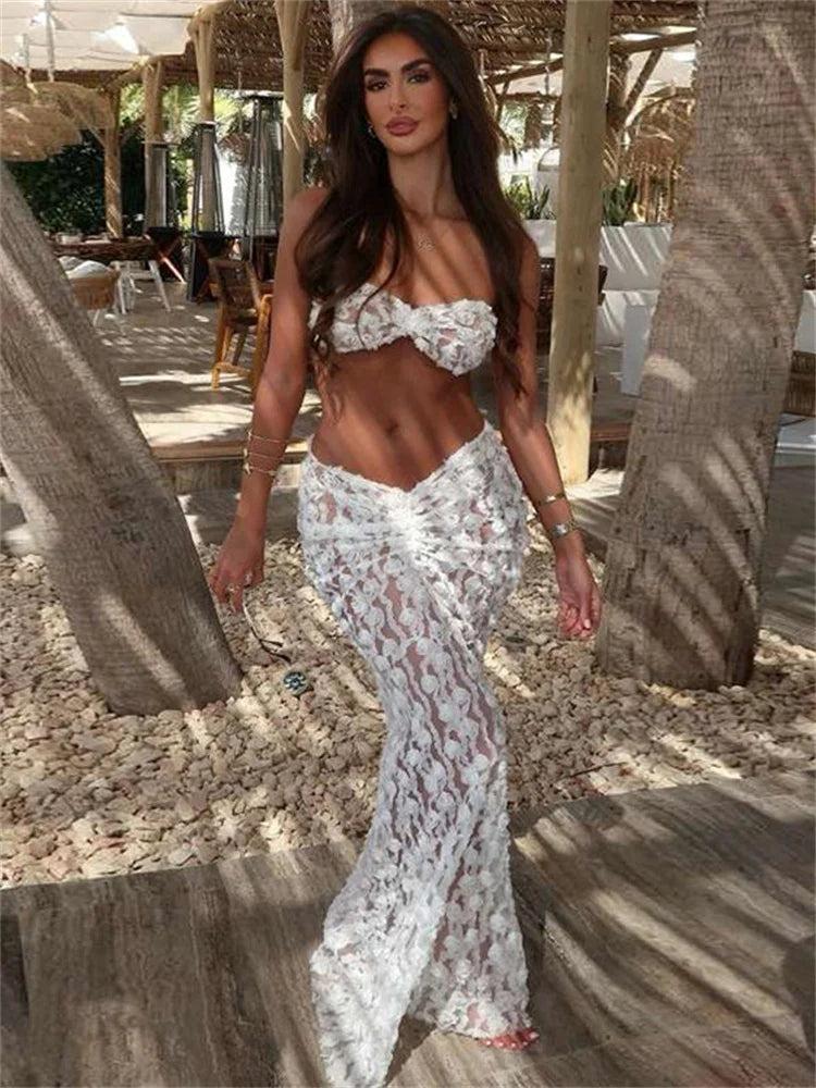 Pleated High Waist Beach Holiday Outfits Maxi Skirt Sets Casual Dress