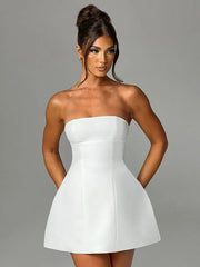 Summer White Patchwork Bandeau Backless Slim Party Gown Elegant New Casual Dress