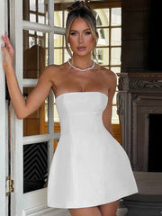 Summer White Patchwork Bandeau Backless Slim Party Gown Elegant New Casual Dress