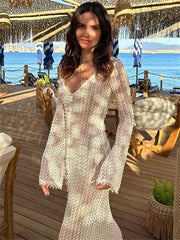 Summer Hollow Out V-Neck Beach Holiday See-Through High Waist Long Casual Dress