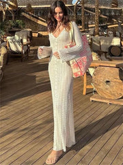 Summer Hollow Out V-Neck Beach Holiday See-Through High Waist Long Casual Dress