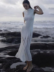 Knit Maxi Female Hollow Out Sleeveless Knitwear Elegant Pullover Casual Dress
