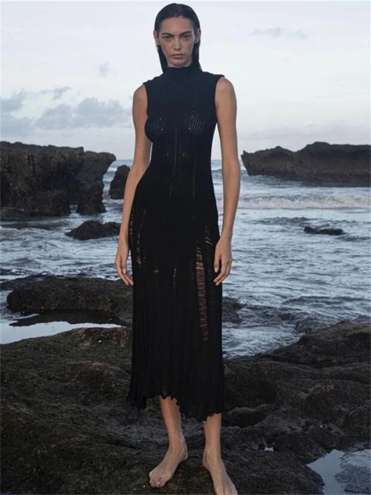 Knit Maxi Female Hollow Out Sleeveless Knitwear Elegant Pullover Casual Dress