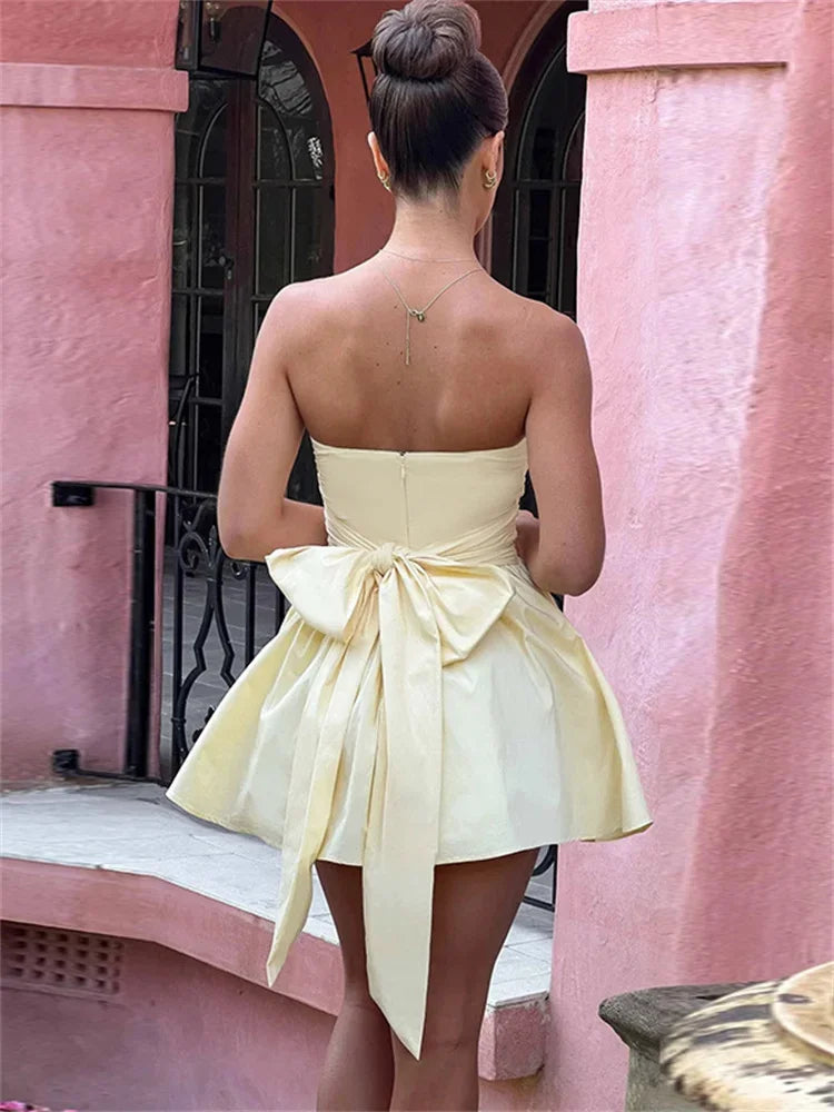 Tee Bow Bandeau Sleeveless Patchwork Bandage Female Lace-Up Casual Dress