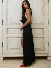 Fashion Maxi Split Pleated Lace-Up Backless Summer Clothes Casual Dress