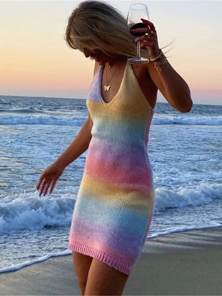 Knitted Spaghetti Strap Maxi Dresses Holiday Hollow Out Split Beach Clothes Casual Dress