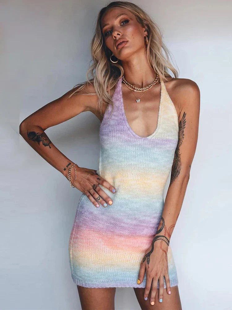 Knitted Spaghetti Strap Maxi Dresses Holiday Hollow Out Split Beach Clothes Casual Dress