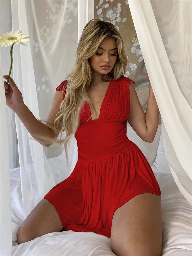 V-Neck Chiffon Mini Sleeveless Wrap Party Beach A-line Sundress Casual Dress