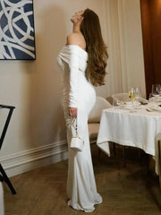 Pleated Slim Maxi Elegant For Patchwork Off-Shoulder Fashion Ladies Solid Party Casual Dress