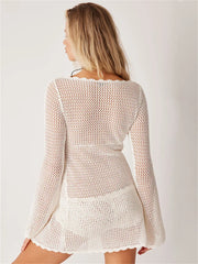 Hollow Out Knitwear Beach Female Long Sleeve Scoop Neck Loose Casual Dress