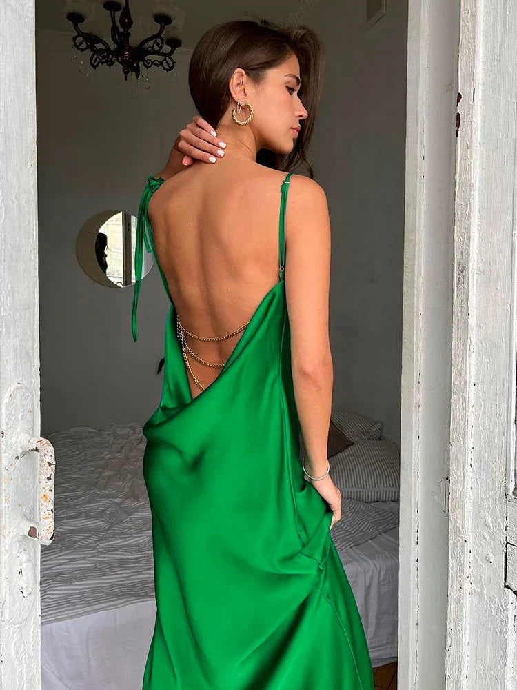 High Silt Spaghetti Strap Chain Long V Neck Sleeveless Lace Up Backless Loose Evening Club Party Casual Dress