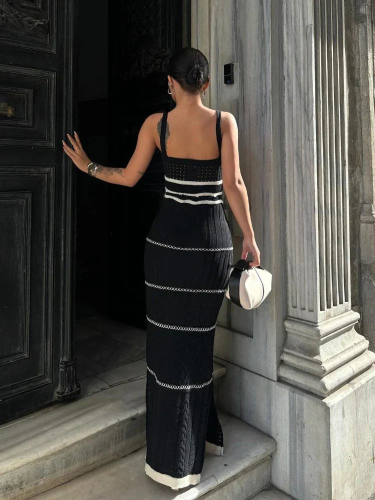 WomenHollow Out Spaghetti Strap Contrasting Knit Elegant Backless Side Slit Holiday Party Maxi New Casual Dress