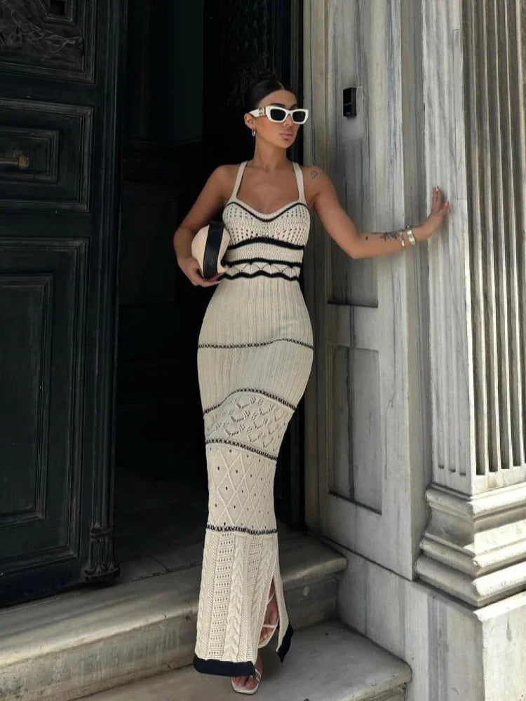 WomenHollow Out Spaghetti Strap Contrasting Knit Elegant Backless Side Slit Holiday Party Maxi New Casual Dress