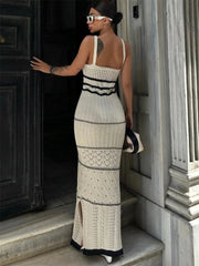 WomenHollow Out Spaghetti Strap Contrasting Knit Elegant Backless Side Slit Holiday Party Maxi New Casual Dress