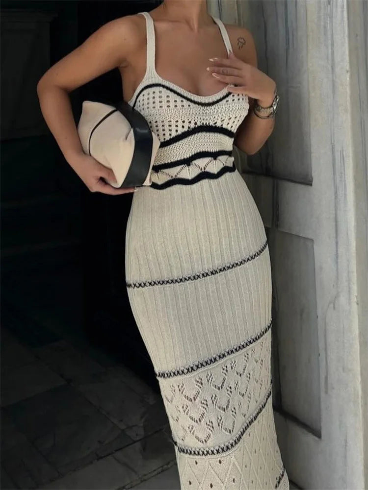 WomenHollow Out Spaghetti Strap Contrasting Knit Elegant Backless Side Slit Holiday Party Maxi New Casual Dress