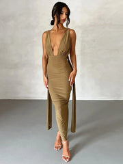 Long Deep V Neck Slim Bandage Bodycon Backless Nightclub Party Maxi Dress