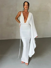 Long One Shoulder Chic V Neck Backless Nightclub Summer Maxi Dress