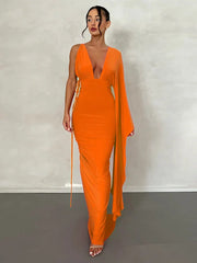 Long One Shoulder Chic V Neck Backless Nightclub Summer Maxi Dress