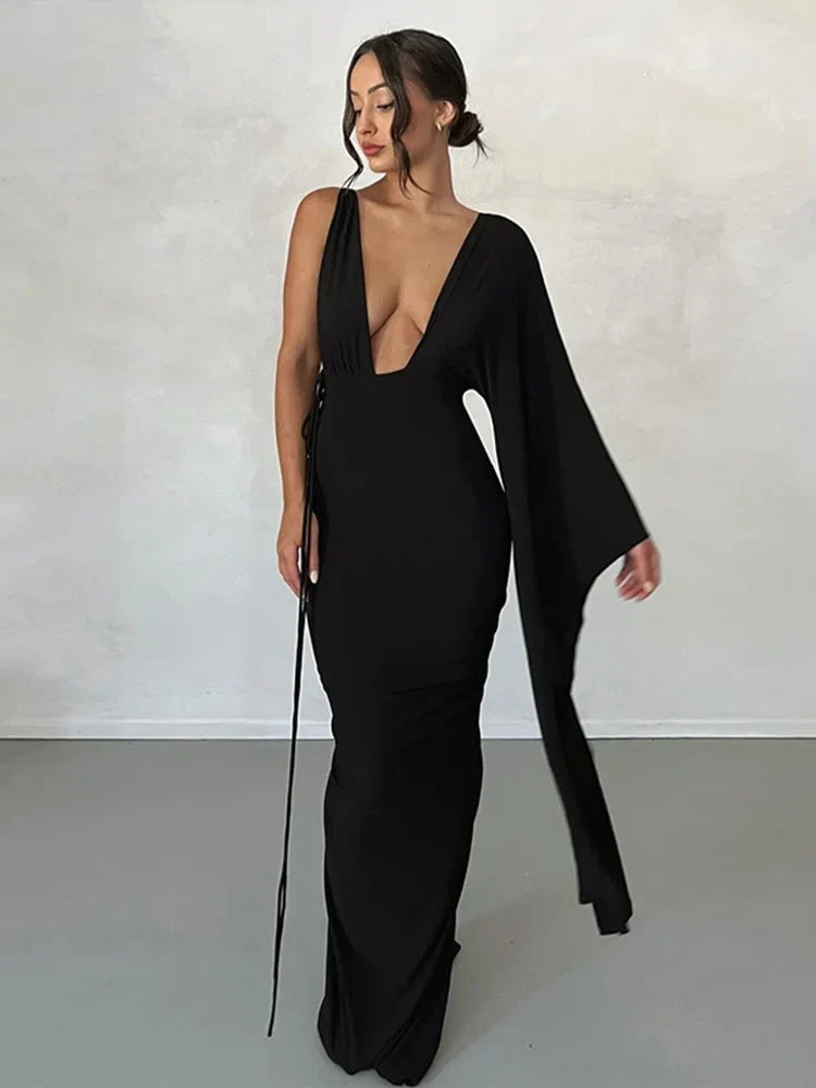 Long One Shoulder Chic V Neck Backless Nightclub Summer Maxi Dress