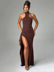 Long Asymmetrical Halter High Split Backless Spring Summer Maxi Dress