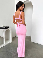 Long Spaghetti Strap High Split Backless Spring Summer Maxi Dress