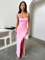 Long Spaghetti Strap High Split Backless Spring Summer Maxi Dress