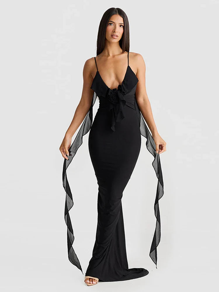 Long Mermaid Spaghetti Strap Backless V Neck Spring Summer Maxi Dress