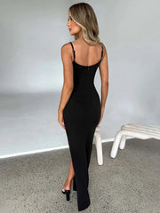 Long Slim Bodycon Spaghetti Strap High Split Spring Summer Maxi Dress