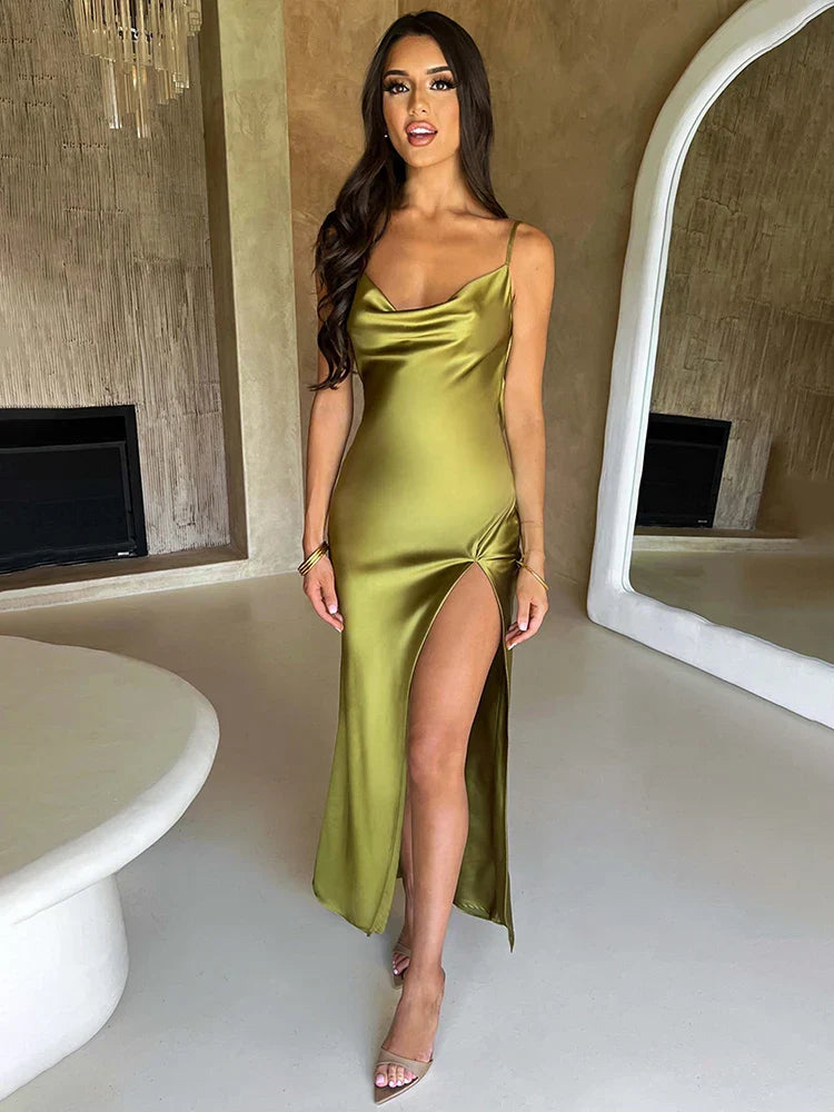 High Split Spaghetti Strap Summer Backless Slim Bodycon Midi Dress