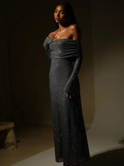 Off Shoulder Long Sparkle Glitter Nightclub Autumn Winter Maxi Dress