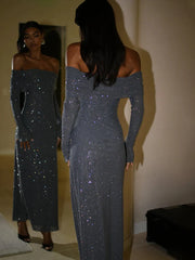 Off Shoulder Long Sparkle Glitter Nightclub Autumn Winter Maxi Dress