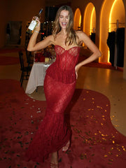 Perspective Lace Mermaid Strapless Backless Long Spring Summer Maxi Dress