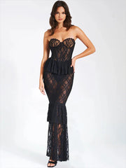 Perspective Lace Mermaid Strapless Backless Long Spring Summer Maxi Dress