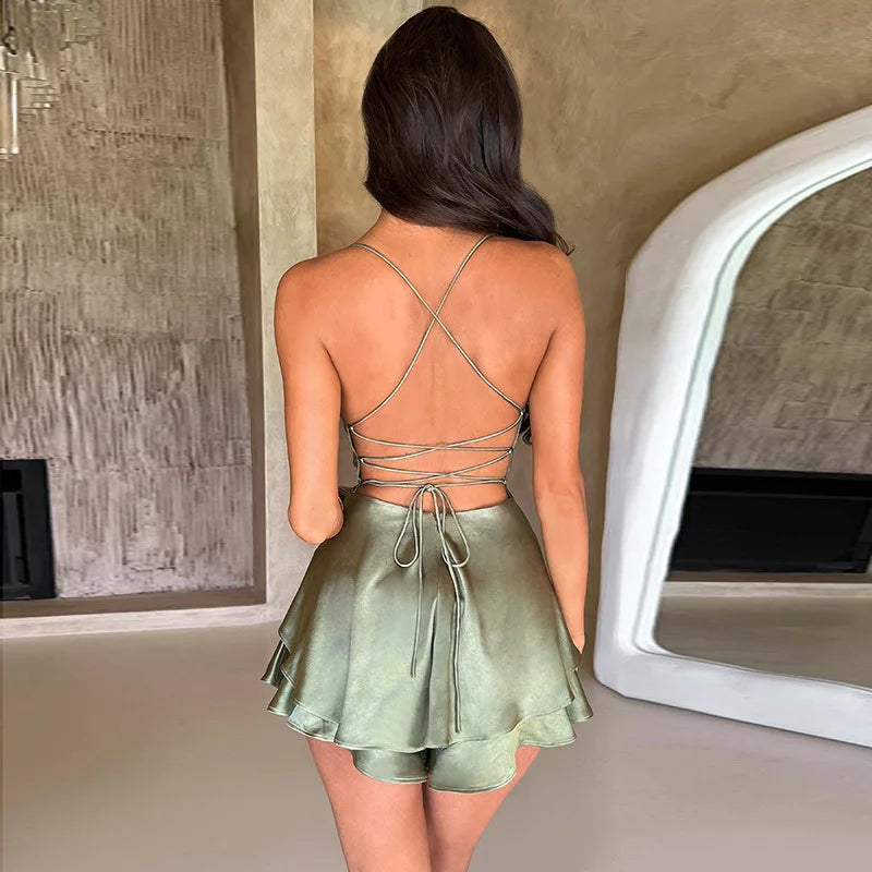 Satin A-line Bandage Spaghetti Strap Summer Nightclub Party Mini Dress