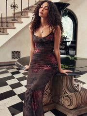 Split Print Long Spaghetti Strap Nightclub Slim Bodycon Summer Maxi Dress